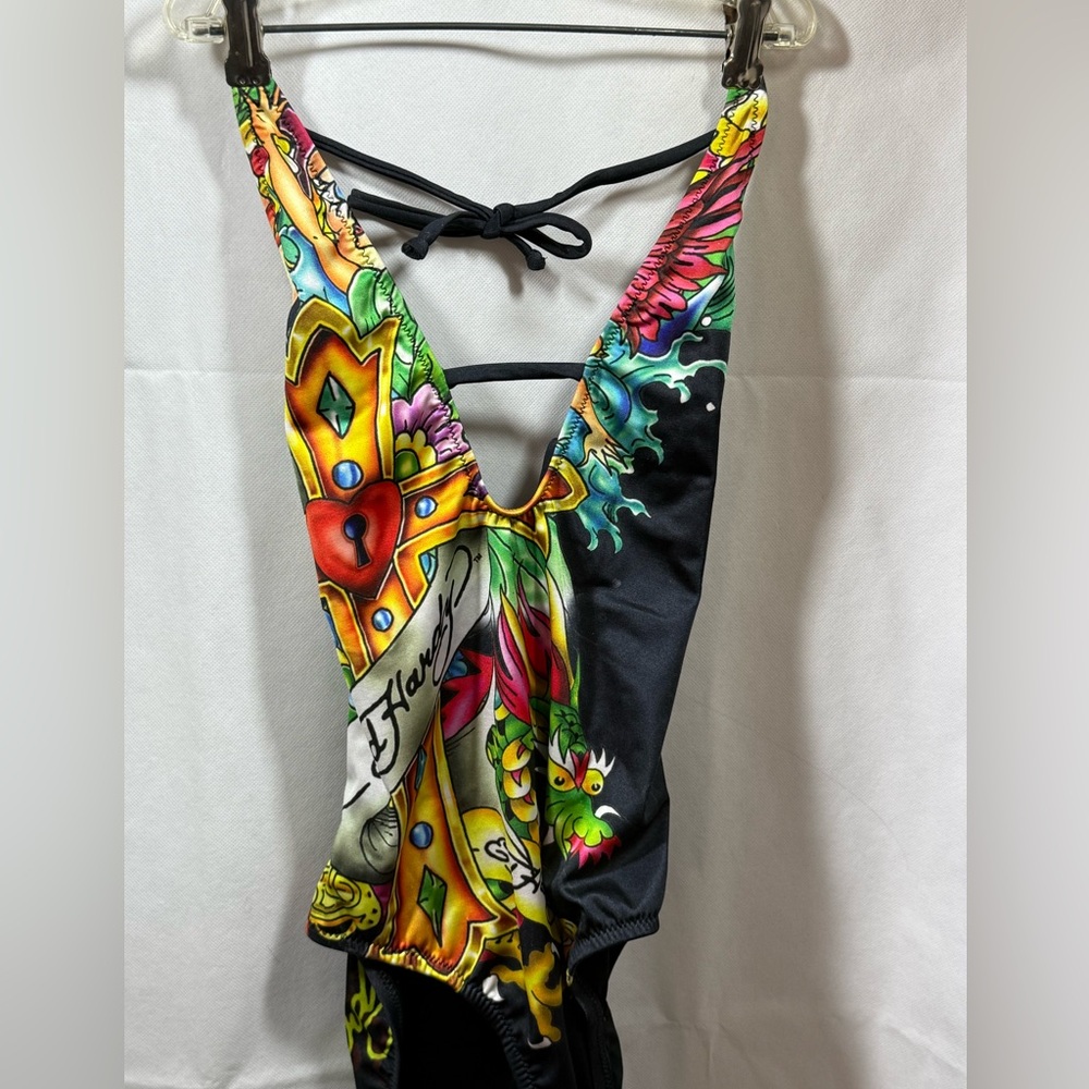 NNT Ed Hardy Y2K McBling one piece Swimsuit Dragon & Cross 
 Halter